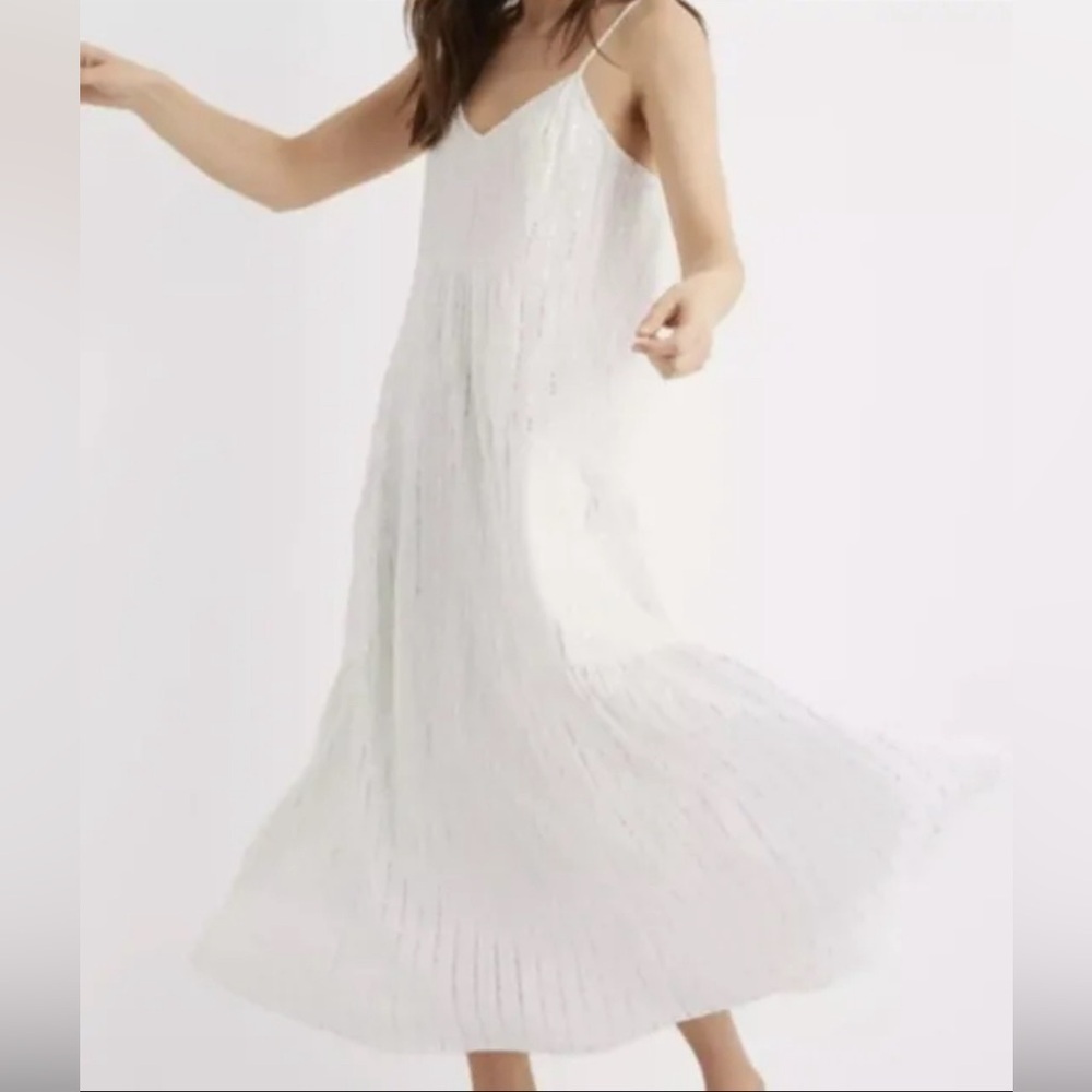 Aerie White Metallic Silver Striped V-Neck Spaghetti Strap Maxi Dress Sz XS